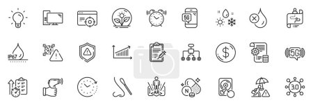Illustration for Icons pack as Nasal test, Alarm clock and Settings blueprint line icons for app include Light bulb, Chart, Computer outline thin icon web set. Qr code, Weather, Augmented reality pictogram. Vector - Royalty Free Image