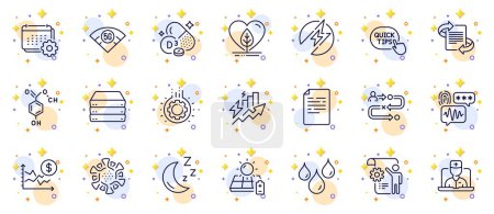 Illustration for Outline set of Document, Marketing and Gear line icons for web app. Include Telemedicine, Coronavirus, Moon pictogram icons. Journey path, Chemical formula, Cholecalciferol signs. Vector - Royalty Free Image