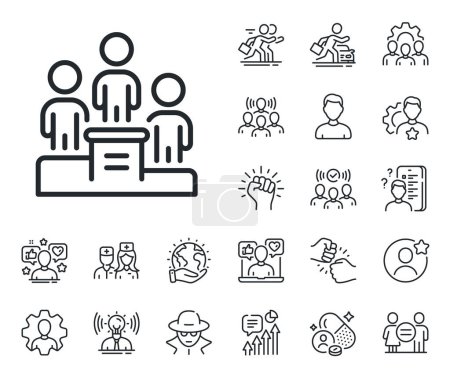 Illustration for Employee nomination sign. Specialist, doctor and job competition outline icons. Business podium line icon. Teamwork award symbol. Business podium line sign. Vector - Royalty Free Image