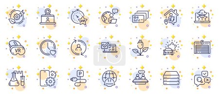Illustration for Outline set of Video conference, Vip timer and Fraud line icons for web app. Include Outsource work, User info, Car review pictogram icons. Parking garage, Green energy, Inspect signs. Vector - Royalty Free Image