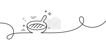 Illustration for Grill pan line icon. Continuous one line with curl. Kitchen griddle sign. Food cooking utensils symbol. Grill pan single outline ribbon. Loop curve pattern. Vector - Royalty Free Image