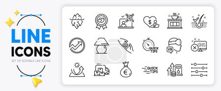 Illustration for Filter, Reject access and Money bag line icons set for app include Augmented reality, Sun protection, Qr code outline thin icon. Table lamp, Fuel price, Helping hand pictogram icon. Vector - Royalty Free Image