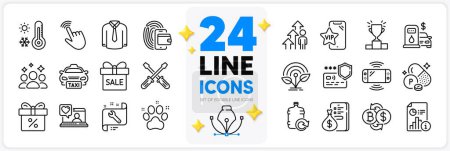 Illustration for Icons set of Game console, Money and Sale offer line icons pack for app with Shirt, Cursor, Incubator thin outline icon. Winner podium, Report, Phosphorus mineral pictogram. Vector - Royalty Free Image