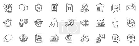 Illustration for Icons pack as Face id, Canister oil and Phone payment line icons for app include Seo file, Approved checkbox, Medical support outline thin icon web set. Money currency, Building energy. Vector - Royalty Free Image