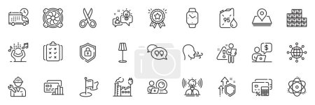 Illustration for Icons pack as Breathing exercise, International globe and Petrol canister line icons for app include Improving safety, Delivery, Video conference outline thin icon web set. Pin. Vector - Royalty Free Image