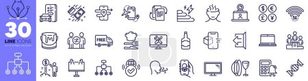 Illustration for Notebook, Bureaucracy and Restructuring line icons pack. Calculator alarm, Repair, Consumption growth web icon. 5g wifi, Money currency, Gps pictogram. Payment, Video conference. Vector - Royalty Free Image