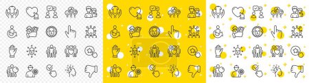 Illustration for Outline Like, Share and Face biometrics line icons pack for web with Hand, Volunteer, Love couple line icon. Checkbox, Brainstorming, Teamwork pictogram icon. Face detect, Loyalty star, Squad. Vector - Royalty Free Image