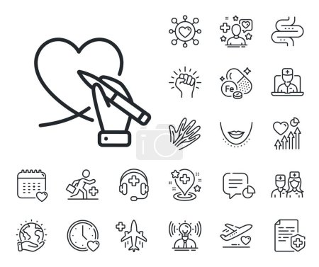 Illustration for Volunteer care sign. Online doctor, patient and medicine outline icons. Donation organization line icon. Health insurance symbol. Social care line sign. Vector - Royalty Free Image