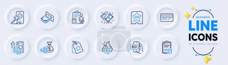 Illustration for Coins bag, Credit card and Accounting checklist line icons for web app. Pack of Inflation, Loyalty tags, Payment pictogram icons. Vip ticket, Auction, Hot offer signs. Bid offer. Vector - Royalty Free Image