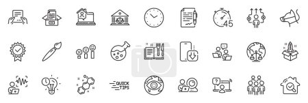 Illustration for Icons pack as Dog leash, Court building and Timer line icons for app include Business way, Receive file, Chemistry lab outline thin icon web set. Certificate, Magistrates court. Vector - Royalty Free Image