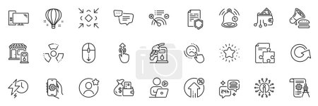Illustration for Icons pack as App settings, Change money and Air balloon line icons for app include Computer, Loan percent, Burger outline thin icon web set. Text message, Best friend. Vector - Royalty Free Image