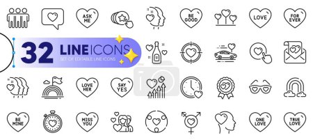 Illustration for Outline set of Friend, Be good and Love her line icons for web with Honeymoon travel, Love letter, Ask me thin icon. Hold heart, Lgbt, Be mine pictogram icon. Inclusion, Rainbow, Heart. Vector - Royalty Free Image