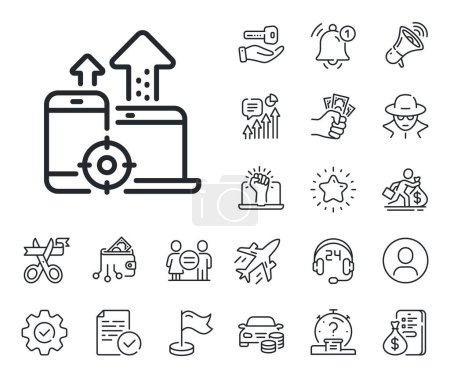 Illustration for Web targeting sign. Salaryman, gender equality and alert bell outline icons. Seo devices line icon. Traffic management symbol. Seo devices line sign. Spy or profile placeholder icon. Vector - Royalty Free Image