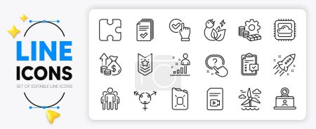 Illustration for Handout, Puzzle and Checkbox line icons set for app include Inflation, Stats, Group outline thin icon. Question button, Windmill, Startup rocket pictogram icon. Video conference. Vector - Royalty Free Image