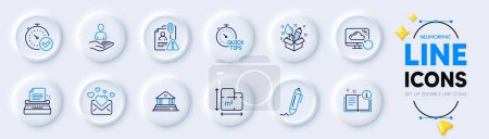 Illustration for Fast verification , Search employee and Court building line icons for web app. Pack of Creativity, Typewriter, Quick tips pictogram icons. Signature, Floor plan, Love mail signs. Vector - Royalty Free Image