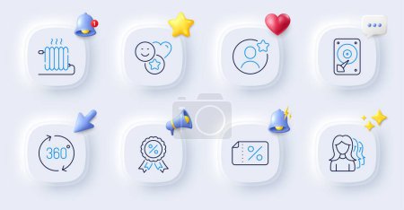 Illustration for Women headhunting, Discount banner and 360 degrees line icons. Buttons with 3d bell, chat speech, cursor. Pack of Discount medal, Hdd, Best friend icon. Smile, Radiator pictogram. Vector - Royalty Free Image