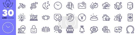 Illustration for Yen money, Time and Gas station line icons pack. Sound check, Ab testing, Co2 gas web icon. Hammer blow, Furniture moving, Moon pictogram. Inspiration, Star, Lock. Messenger mail. Vector - Royalty Free Image