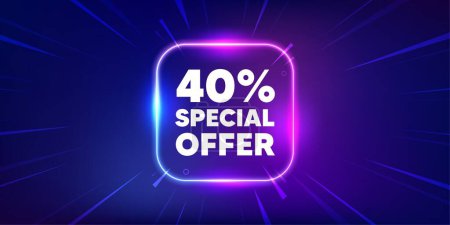 Illustration for 40 percent discount offer tag. Neon light frame box banner. Sale price promo sign. Special offer symbol. Discount neon light frame message. Vector - Royalty Free Image