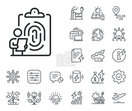 Illustration for Finger print scan sign. Energy, Co2 exhaust and solar panel outline icons. Fingerprint clipboard line icon. Biometric identity symbol. Fingerprint line sign. Eco electric or wind power icon. Vector - Royalty Free Image