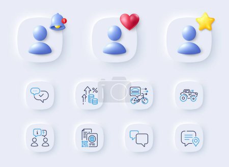 Illustration for Chat bubble, Qr code and Food delivery line icons. Placeholder with 3d bell, star, heart. Pack of Speech bubble, Tractor, Approved icon. Inflation, Interview pictogram. For web app, printing. Vector - Royalty Free Image