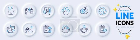 Illustration for Electronic thermometer, Leaves and Salad line icons for web app. Pack of Orange, Dont handshake, Stress pictogram icons. Patient, Dog paw, Sick man signs. Dumbbell, Mountain bike. Vector - Royalty Free Image