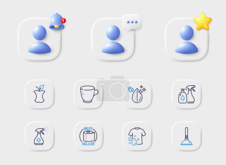 Illustration for Wash t-shirt, Cleaning liquids and Plunger line icons. Placeholder with 3d star, reminder bell, chat. Pack of Medical cleaning, Tea cup, Organic waste icon. Dirty water, Toilet paper pictogram. Vector - Royalty Free Image