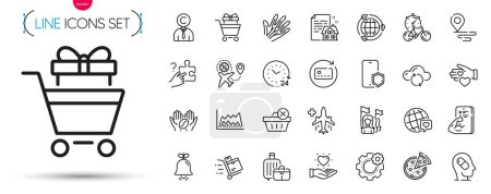 Illustration for Pack of Cloud sync, Lease contract and Bell line icons. Include Trade chart, Place, Bike timer pictogram icons. Cogwheel, Depression treatment, Search puzzle signs. Inventory cart. Vector - Royalty Free Image