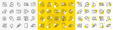Illustration for Outline Consumption growth, New mail and Squad line icons pack for web with Cvv code, Packing boxes, Phone line icon. Gas cylinder, Calendar, Lock pictogram icon. Seo message, Share mail. Vector - Royalty Free Image