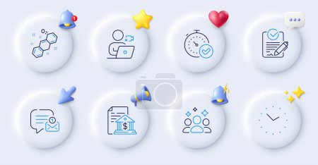 Illustration for Chemical formula, Bank document and Fast verification line icons. Buttons with 3d bell, chat speech, cursor. Pack of Time, Squad, Video conference icon. New message, Rfp pictogram. Vector - Royalty Free Image