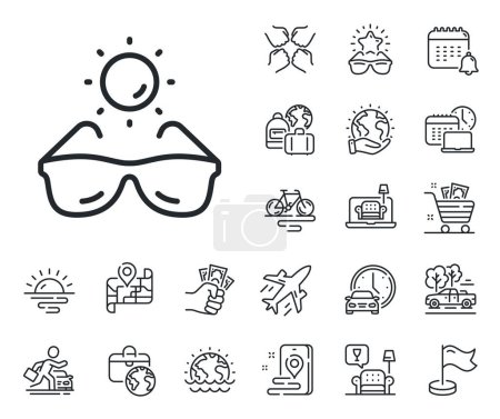 Illustration for Sun eyewear sign. Plane jet, travel map and baggage claim outline icons. Sunglasses line icon. Protection glasses symbol. Sunglasses line sign. Car rental, taxi transport icon. Place location. Vector - Royalty Free Image