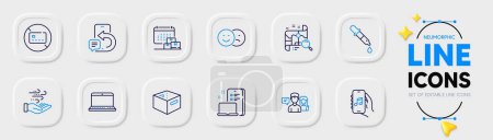 Illustration for Chemistry pipette, People talking and Search map line icons for web app. Pack of Delivery calendar, Phone message, Notebook pictogram icons. Like, No card, Music app signs. Office box. Vector - Royalty Free Image