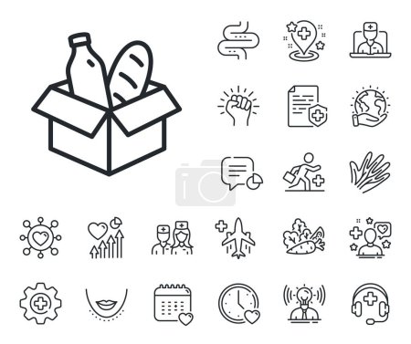 Illustration for Charity box sign. Online doctor, patient and medicine outline icons. Food donation line icon. Charitable organization symbol. Food donation line sign. Veins, nerves and cosmetic procedure icon. Vector - Royalty Free Image