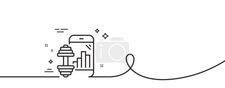 Illustration for Fitness app line icon. Continuous one line with curl. Workout application sign. Gym fit dumbbell symbol. Fitness app single outline ribbon. Loop curve pattern. Vector - Royalty Free Image