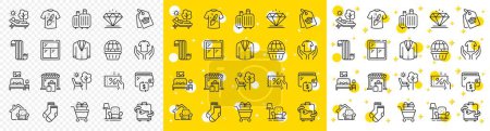 Illustration for Outline Discount coupon, Hold t-shirt and Window line icons pack for web with Wallet, Scarf, Suit line icon. Market, Shopping trolley, Baggage pictogram icon. Diamond, Armchair, T-shirt design. Vector - Royalty Free Image