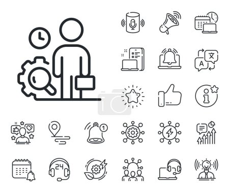 Illustration for Quality research sign. Place location, technology and smart speaker outline icons. Inspect line icon. Person verification symbol. Inspect line sign. Influencer, brand ambassador icon. Vector - Royalty Free Image
