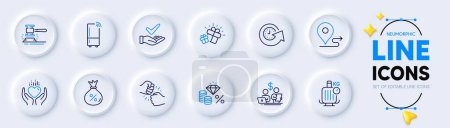 Illustration for Fist bump, Baggage scales and Money tax line icons for web app. Pack of Dermatologically tested, Loan, Auction hammer pictogram icons. Update time, Budget accounting, Refrigerator signs. Vector - Royalty Free Image