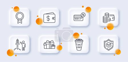 Ilustración de Paquete de iconos de línea de billetera, Cashback y Dollar. botones de vidrio 3d con círculos borrosos. Lanzamiento de proyectos, regalos de vacaciones, el café para llevar icono de la web. Recompensa, pictograma confirmado. Vector - Imagen libre de derechos