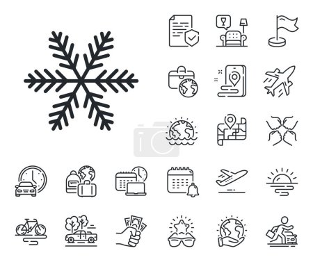 Illustration for Christmas snow sign. Plane jet, travel map and baggage claim outline icons. Snowflake line icon. Winter or cold symbol. Snowflake line sign. Car rental, taxi transport icon. Place location. Vector - Royalty Free Image