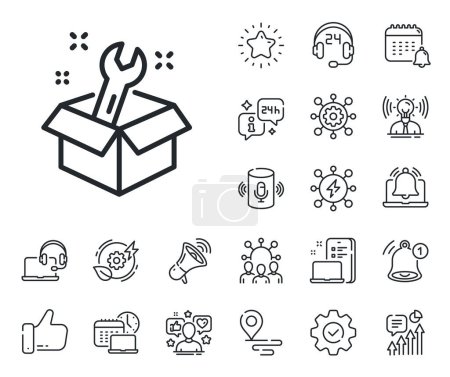 Illustration for Repair service box sign. Place location, technology and smart speaker outline icons. Spanner tool line icon. Fix instruments symbol. Spanner line sign. Influencer, brand ambassador icon. Vector - Royalty Free Image