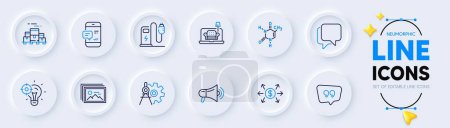 Illustration for Megaphone, Image gallery and Cogwheel dividers line icons for web app. Pack of Quote bubble, Chemical formula, Boxes pallet pictogram icons. Dollar exchange, Furniture, Charging station signs. Vector - Royalty Free Image
