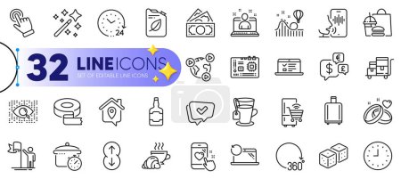 Illustration for Outline set of Video conference, Adhesive tape and Tea line icons for web with Cursor, Clock, Approved thin icon. Inventory cart, Canister, Web lectures pictogram icon. Roller coaster. Vector - Royalty Free Image