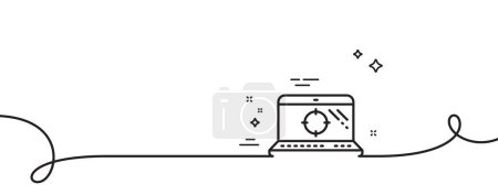 Illustration for Seo laptop line icon. Continuous one line with curl. Search engine optimization sign. Aim target symbol. Seo laptop single outline ribbon. Loop curve pattern. Vector - Royalty Free Image