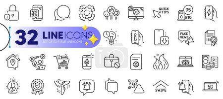 Illustration for Outline set of Support, Flight mode and Video conference line icons for web with Mail, Lock, Settings thin icon. Jobless, Fake news, Chemistry lab pictogram icon. Swipe up, 5g notebook. Vector - Royalty Free Image
