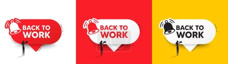 Illustration for Back to work tag. Speech bubbles with bell and woman silhouette. Job offer. End of vacation slogan. Back to work chat speech message. Woman with megaphone. Vector - Royalty Free Image