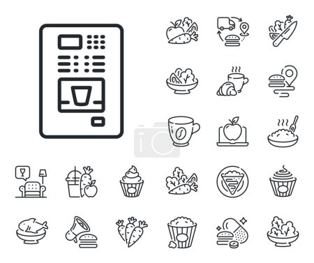 Illustration for Hot drink sign. Crepe, sweet popcorn and salad outline icons. Coffee vending machine line icon. Fresh beverage symbol. Coffee vending line sign. Pasta spaghetti, fresh juice icon. Supply chain. Vector - Royalty Free Image