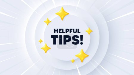 Illustration for Helpful tips tag. Neumorphic banner with sunburst. Education faq sign. Help assistance symbol. Helpful tips message. Banner with 3d stars. Circular neumorphic template. Vector - Royalty Free Image