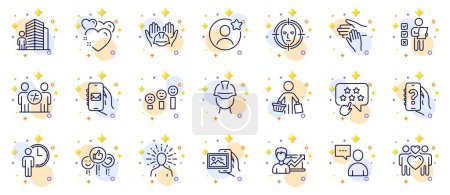 Illustration for Outline set of Mail app, Ranking star and Heart line icons for web app. Include Discrimination, Buyer, Voting ballot pictogram icons. Waiting, Best friend, Volunteer signs. Vector - Royalty Free Image