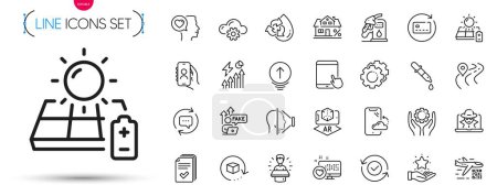 Illustration for Pack of Tablet pc, Swipe up and Road line icons. Include Cloud computing, Handout, Qr code pictogram icons. Mortgage, Heart, Security confirmed signs. Solar panel, Chemistry pipette. Vector - Royalty Free Image