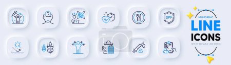 Illustration for Difficult stress, Psychology and Cardio training line icons for web app. Pack of Sun protection, Prescription drugs, Dumbbells workout pictogram icons. Vaccine attention, Bio shopping. Vector - Royalty Free Image