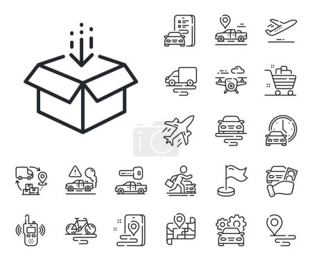 Illustration for Open delivery parcel sign. Plane, supply chain and place location outline icons. Get box line icon. Cargo package symbol. Get box line sign. Taxi transport, rent a bike icon. Travel map. Vector - Royalty Free Image